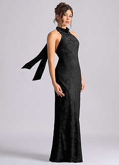 Azazie Velli Vestidos de damas de honor Vestido de Negro de Devorado Floral de Corte Sirena con Cuello Alto image4