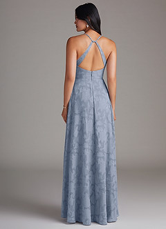 Azazie Davis Bridesmaid Dresses Dusty Blue A-Line Pleated Floral Burnout Dress image2