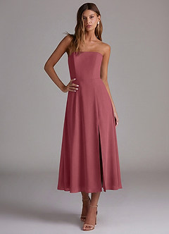 Azazie Wren 신부 들러리 드레스 A라인 스트랩리스 쉬폰 티 길이 드레스 image4