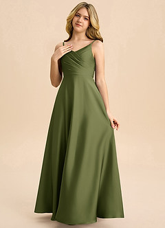 Azazie Bug Junior Olive A-Line Pleated Stretch Satin Dress image3