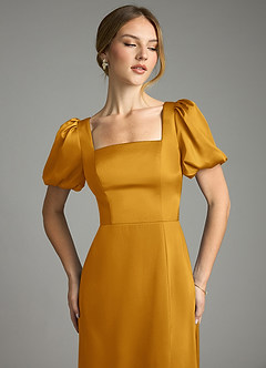 Azazie Fyona Robes de demoiselle d'honneur Robe Trapèze en Satin extensible Plissée Caramel écossais image6