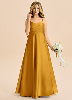 Azazie Rumi Junior A-Line Plisseret Stræk satin Gulv-længde Junior brudepige Kjole image4