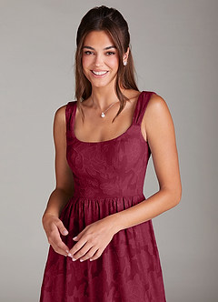 Azazie Alissa Bridesmaid Dresses Burgundy A-Line with Pockets Floral Burnout Dress image6