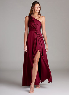 Azazie Brooke Bridesmaid Dresses Burgundy A-Line One Shoulder Stretch Satin Dress image3