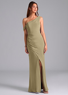 Azazie Madelyn Robes de demoiselle d'honneur Robe Sirène Convertible en Mousseline de soie Une épaule Vert Mousse image1