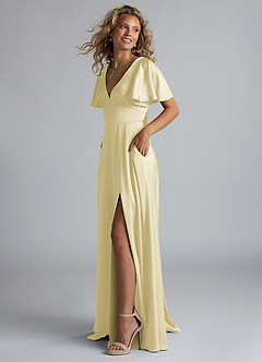Azazie Kimber Bridesmaid Dresses Lemon Sorbet A-Line Ruched Stretch Satin Dress image6