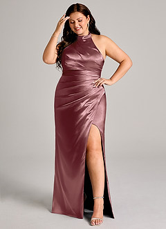 Azazie Jemma Bridesmaid Dresses Vintage Mauve Sheath Pleated Metallic Satin Dress image8