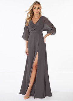 Azazie Rebecca Bridesmaid Dresses A-Line V-Neck Long Sleeve Chiffon Floor-Length Dress image4