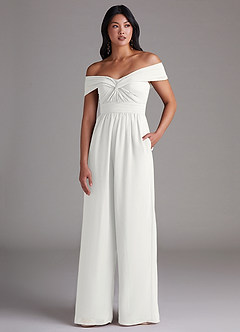 Azazie Lamara Bridesmaid Dresses White Off the Shoulder Chiffon Convertible Jumpsuit image1