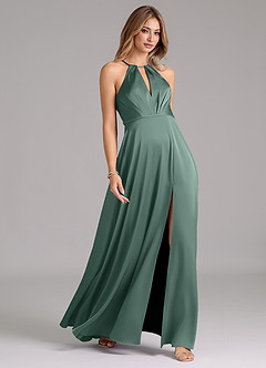 Azazie Evalleen Bridesmaid Dresses Eucalyptus A-Line Pleated Stretch Satin Dress image5