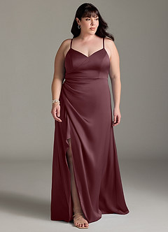 Azazie Marchella Bridesmaid Dresses Sangria A-Line Corset Stretch Satin Dress image7