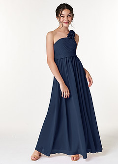 Azazie Flower Junior Dark Navy A-Line Pleated Chiffon Dress image3