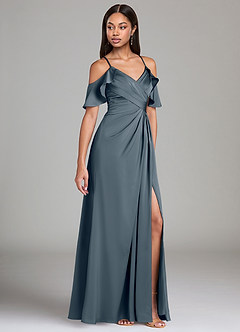 Azazie Dakota Bridesmaid Dresses Twilight A-Line Off the Shoulder Stretch Satin Dress image1