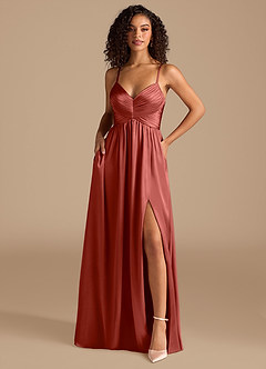 Azazie Alia Bridesmaid Dresses Terracotta A-Line Pleated Metallic Satin Dress image1