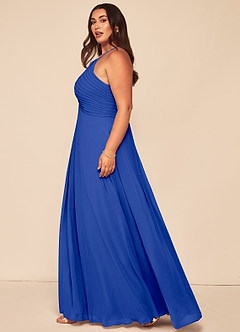 Azazie Ginger Vestidos de damas de honor Vestido de Azul Real de Gasa de Corte en A con Halter Plisado image13