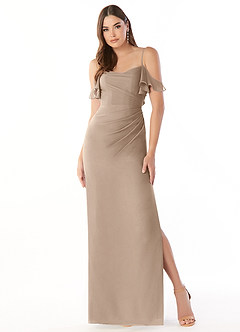 Azazie Emeralda Bridesmaid Dresses Taupe Sheath Off the Shoulder Chiffon Dress image3