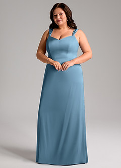 Azazie Denice Bridesmaid Dresses Steel Blue Sheath Pleated Stretch Satin Dress image6