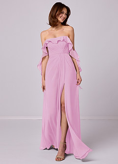 Barbie ♥ Azazie Robes de demoiselle d'honneur Robe Trapèze Convertible en Mousseline de soie Épaule décolletée Rose Bonbon image1