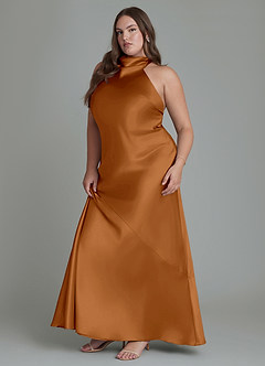 Azazie Velli Bridesmaid Dresses Copper Sheath High Neck Metallic Satin Dress image12