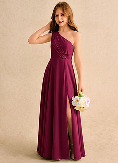 Azazie Puddles Girls Formal 플라워 걸 드레스 A라인 원 숄더 쉬폰 플로어 길이 드레스 image3