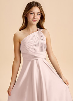 Azazie Charlize Junior Blushing Pink A-Line Pleated Stretch Satin Dress image6