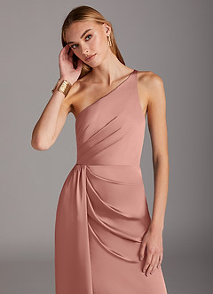 Azazie Mika Bridesmaid Dresses Rosette Sheath One Shoulder Stretch Satin Dress image6