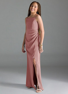 Azazie Leonis Junior A-Linie Plissee Stretch-Satin Kleid Altrosa image4