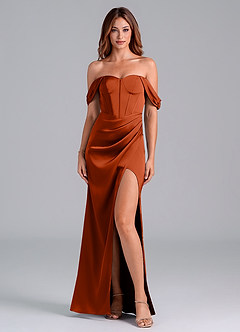Azazie Asha Bridesmaid Dresses Paprika Sheath Off the Shoulder Stretch Satin Convertible Dress image1