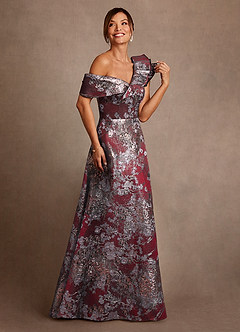 Azazie Des Moines Mère de la mariée Robes Robe Trapèze en Jacquard Floral Une épaule Merlot Floral image1