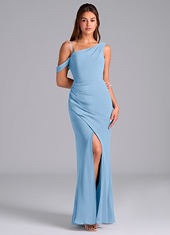 Azazie Madelyn Jurken voor bruidsmeisjes Converteerbaar Jurk van Chiffon met Zeemeermin One-Shoulder Poederblauw image3