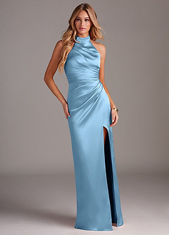 Azazie Jemma Bridesmaid Dresses Steel Blue Sheath Pleated Stretch Satin Dress image3