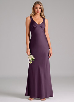 Azazie Kamila Bridesmaid Dresses Plum A-Line Pleated Stretch Satin Dress image1