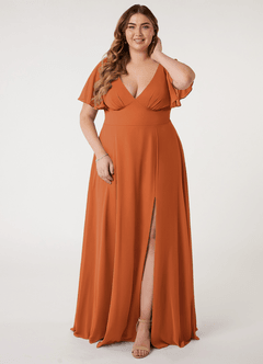 Azazie Kimber Bridesmaid Dresses Cinnamon A-Line Flounce Sleeve Chiffon Dress image6