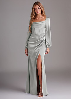 Azazie Charissa Bridesmaid Dresses Silver Sheath Long Sleeve Stretch Satin Dress image4