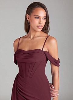 Azazie Amyra Bridesmaid Dresses Cabernet Sheath Off the Shoulder Chiffon Convertible Dress image6