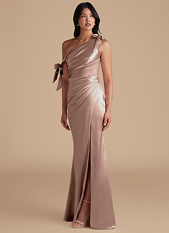 Azazie Xyla Bridesmaid Dresses Taupe Sheath Off the Shoulder Metallic Satin Convertible Dress image6