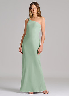 Azazie Monroe Vestidos de damas de honor Vestido de Agave de Gasa de Corte Recto con Hombro unilateral image3