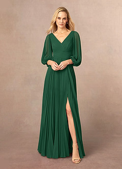 Azazie Zahara Mère de la mariée Robes Robe Trapèze en Mousseline de soie Col V plissé Vert Foncé image2