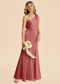 Azazie Ren Junior Robe Trapèze en Satin extensible Plissé Antique Rose image3