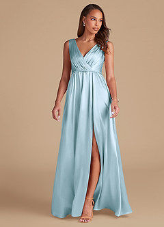 Azazie Tanicia Robes de demoiselle d'honneur Robe Trapèze en Satiné métallisé Plissée Bleu Ciel image3