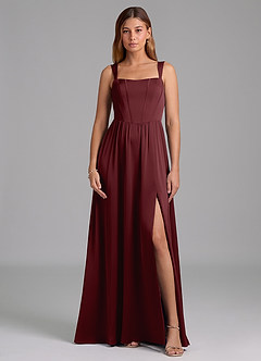 Azazie Rosaline Bridesmaid Dresses Cabernet A-Line Side Slit Stretch Satin Dress image3