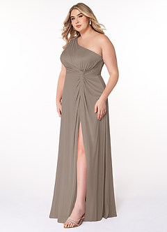 Azazie Brooke Robes de demoiselle d'honneur Robe Trapèze en Maille Ue épaule Taupe image8