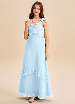 Azazie Tavie Junior Vestido de Azul Cielo de Gasa de Corte en A con Volante image3