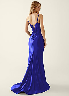 Indigo Royal Blue Satin V-neck Sequins Mermaid Prom Dress image2