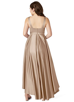Azazie Inaya Junior Taupe A-Line with Belt Stretch Satin Dress image2