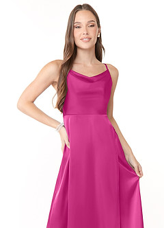 Azazie Naomie Vestidos de damas de honor Vestido de Fucsia de Satén Elástico de Corte en A con Cuello V con abertura lateral image5