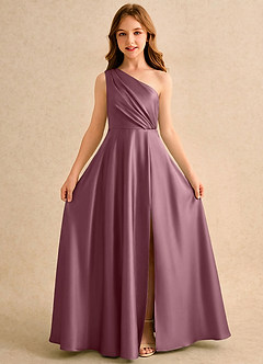 Azazie Puddles Girls Formal Blumenmädchenkleider A-Linie One-Shoulder Stretch-Satin Kleid Amethyst image5