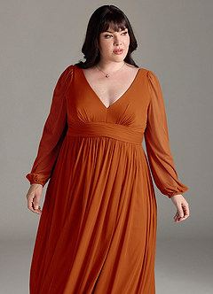 Azazie Norah Bridesmaid Dresses Paprika A-Line V-Neck Long Sleeve Chiffon Dress image12