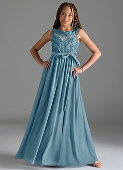 Azazie Elly Junior Moody Blue A-Line Lace Chiffon Dress image3
