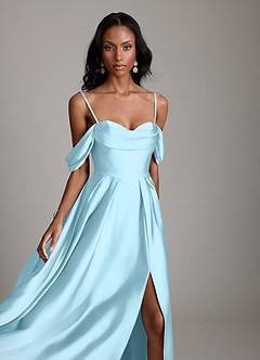 Azazie Loisa Bridesmaid Dresses Sky Blue A-Line Off the Shoulder Stretch Satin Dress image3